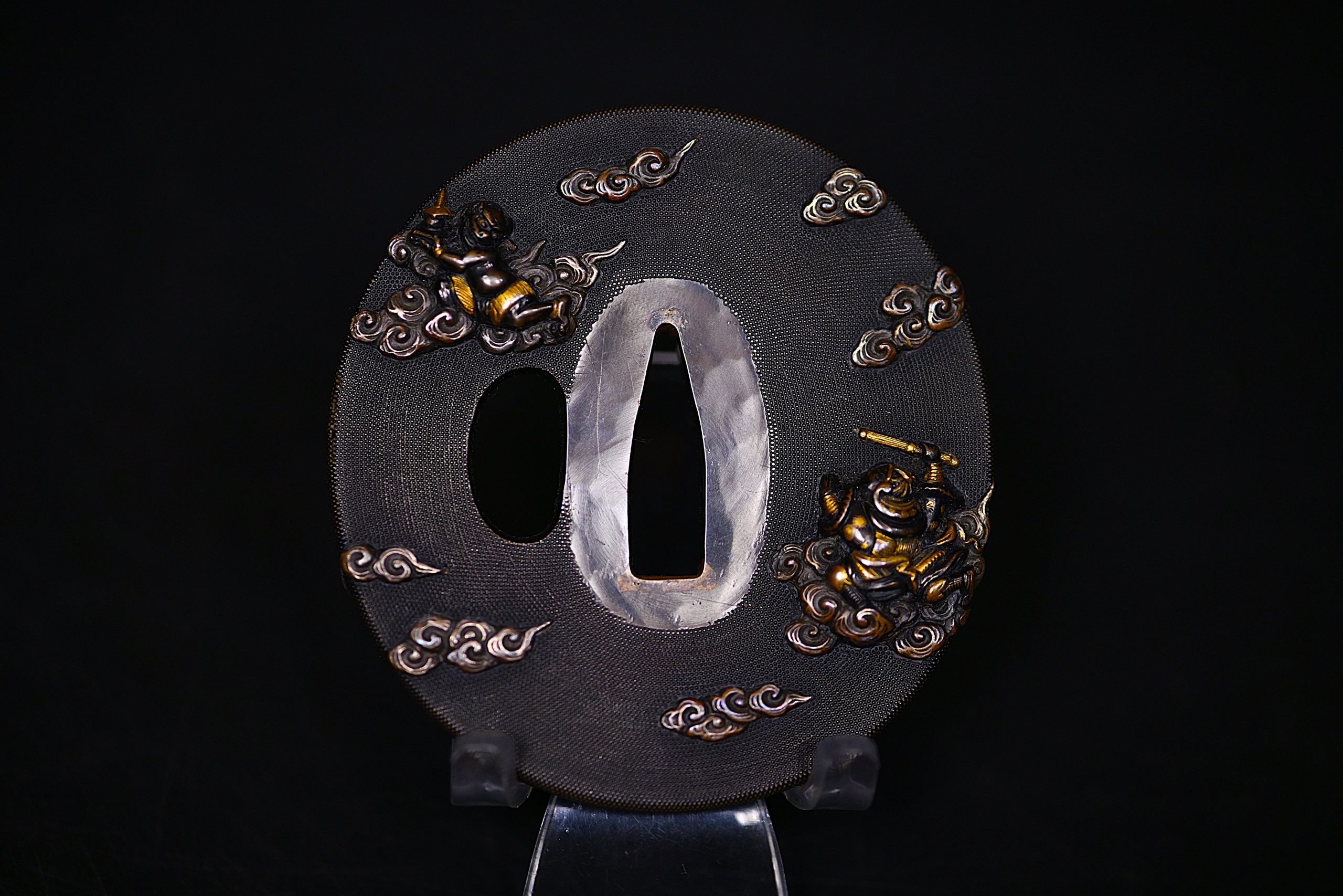 Marugata shakudo tsuba samurai and oni