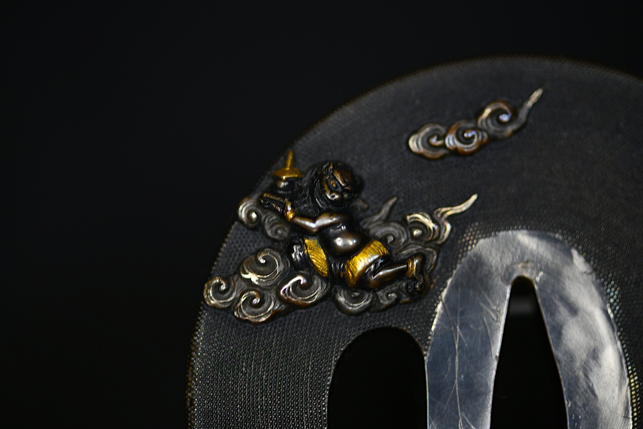 Marugata shakudo tsuba samurai and oni