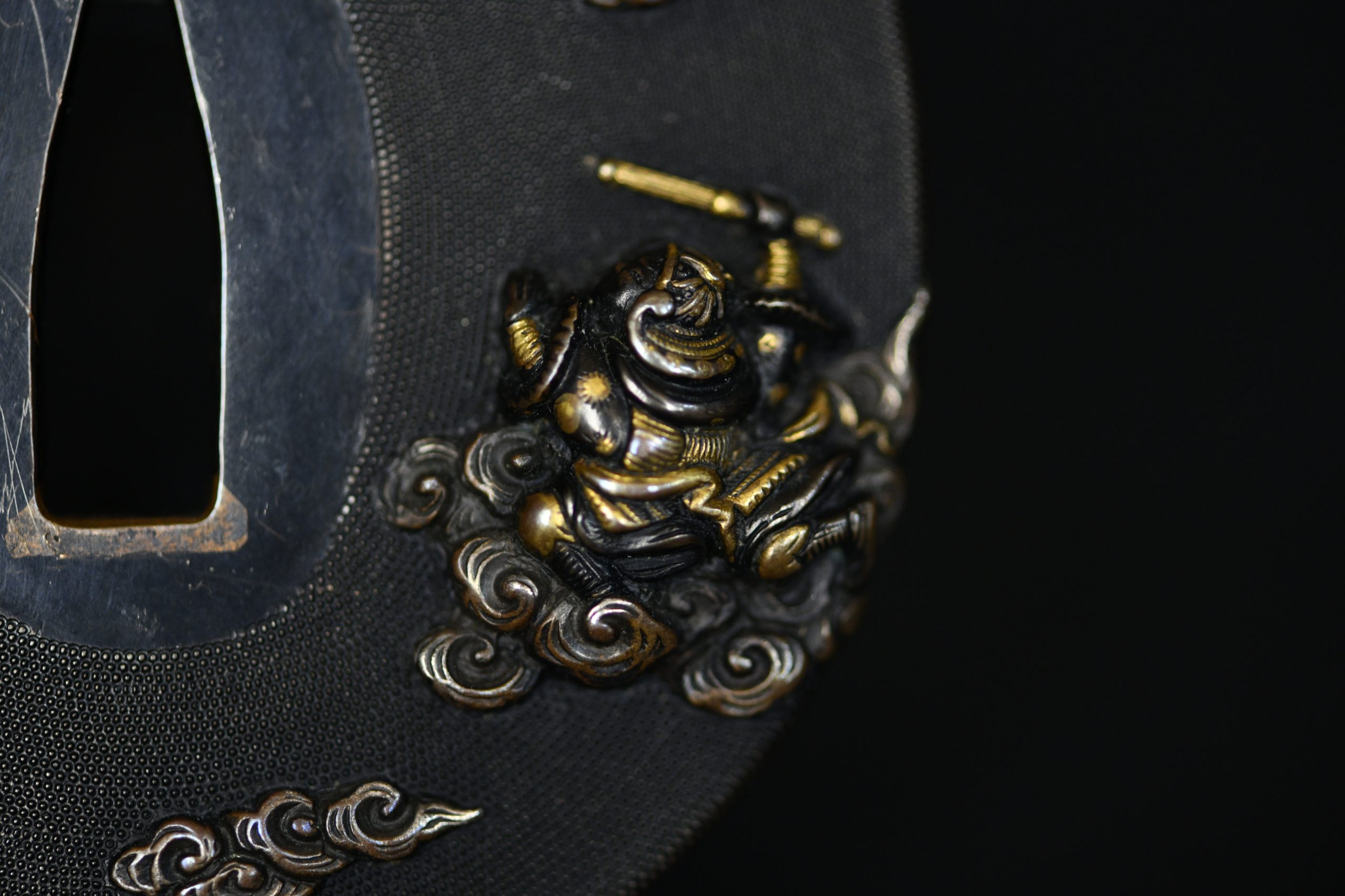 Marugata shakudo tsuba samurai and oni