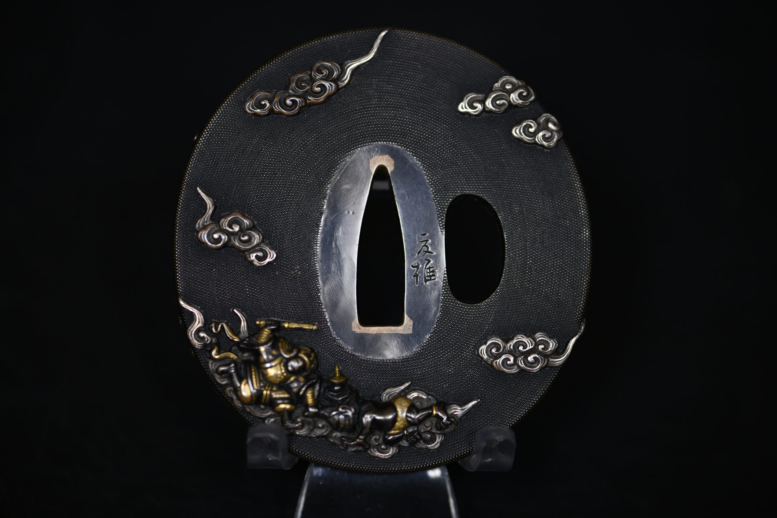 Marugata shakudo tsuba samurai and oni