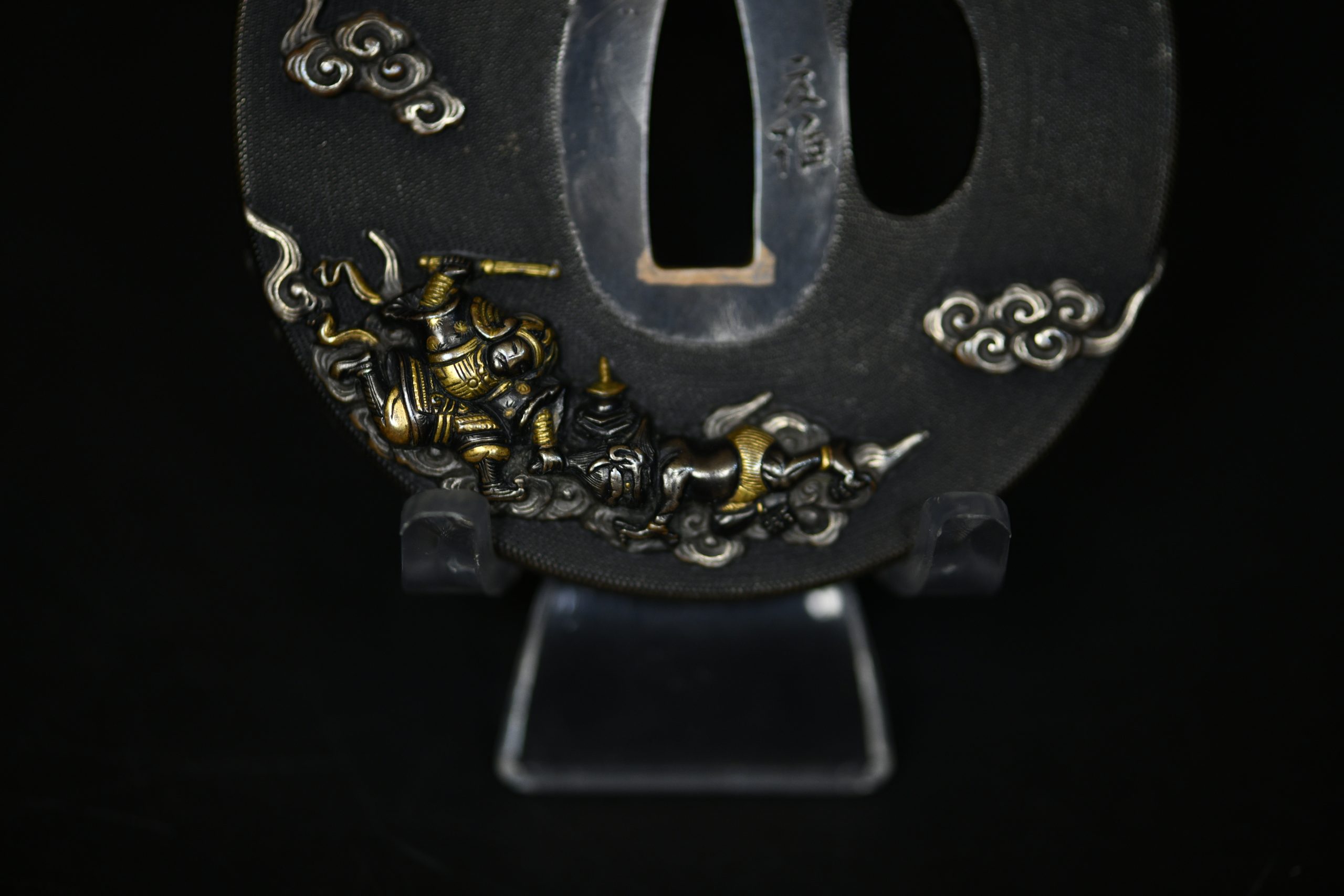 Marugata shakudo tsuba samurai and oni