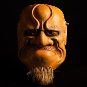 Máscara Noh japonesa antigua Akujo — Madera tallada con barba de fibra natural
