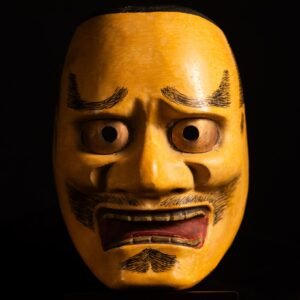 Máscara Kyōgen japonesa antigua Kentoku — Máscara teatral de madera pintada a mano con ojos de metal dorado