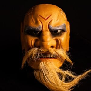 Máscara Noh japonesa antigua Sennin — Ermitaño inmortal con ojos dorados y larga barba de fibra natural