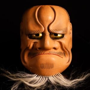 Máscara Noh japonesa antigua Washibana Akujo — Anciano feroz de nariz aguileña con ojos de metal dorado