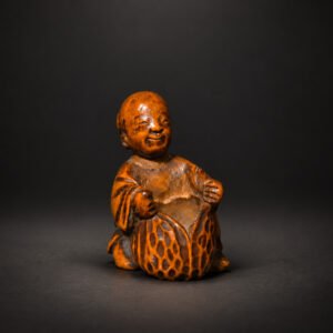 Laughing Figure Boxwood Netsuke with Pod – Edo Period Japan