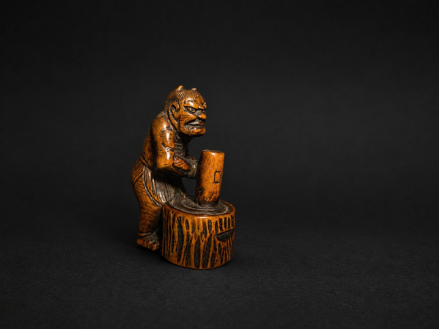 Edo Boxwood Netsuke Oni with Usu and Kine