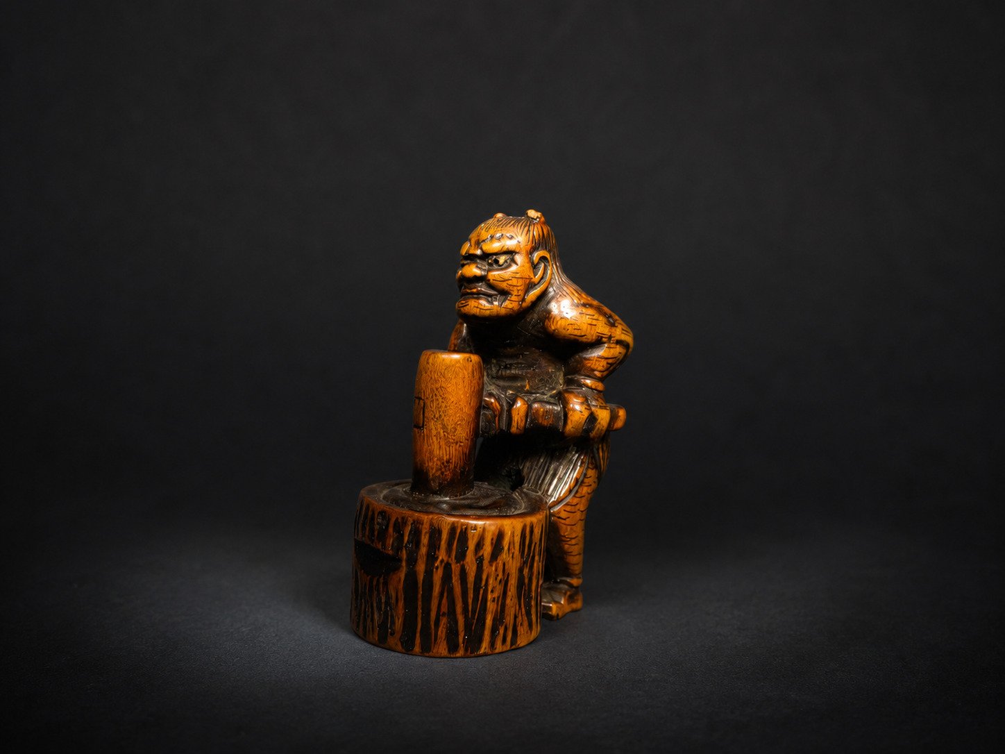Edo Boxwood Netsuke Oni with Usu and Kine