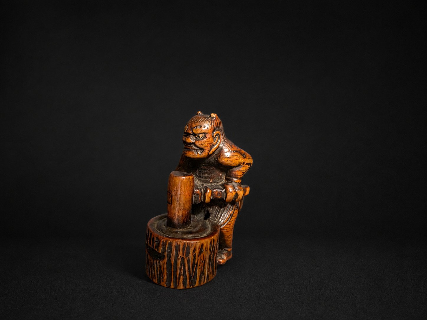 Edo Boxwood Netsuke Oni with Usu and Kine