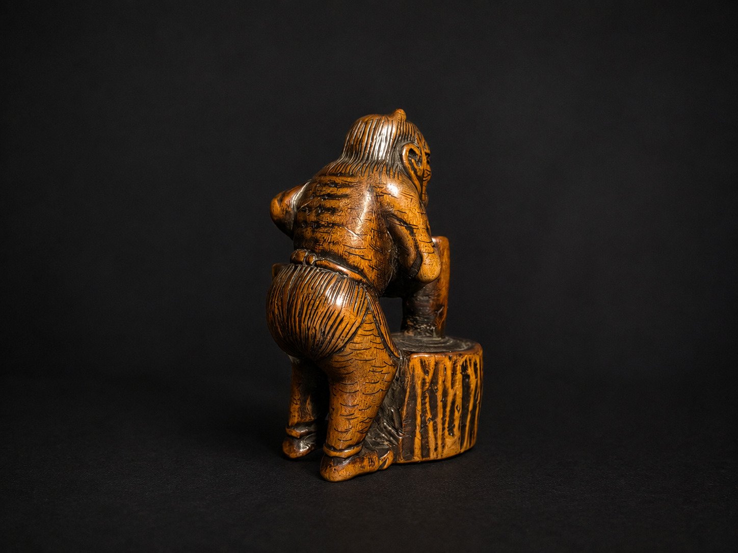 Edo Boxwood Netsuke Oni with Usu and Kine