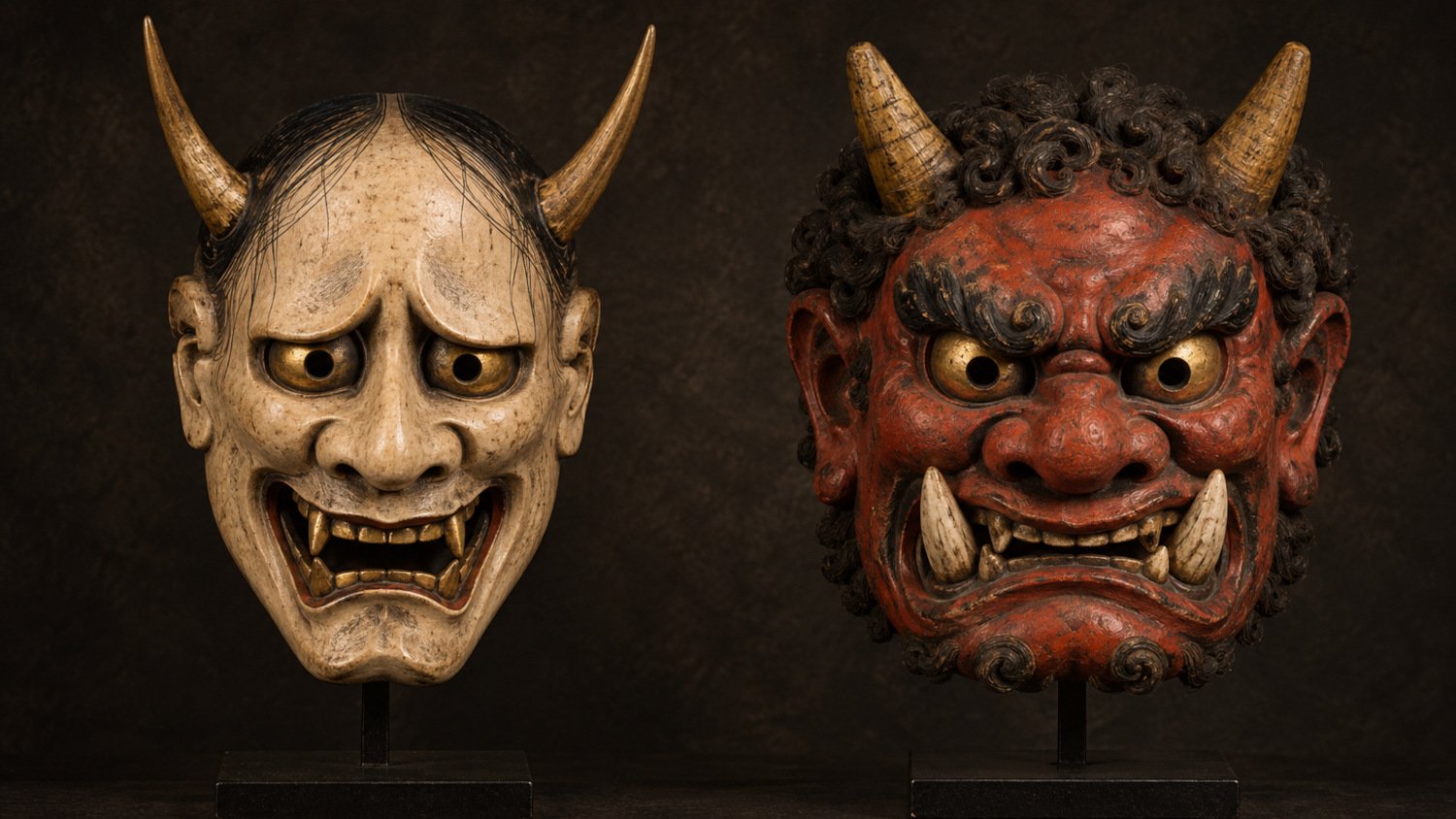 Illustration of a pale Hannya mask beside a red Oni mask, highlighting their contrasting facial features.