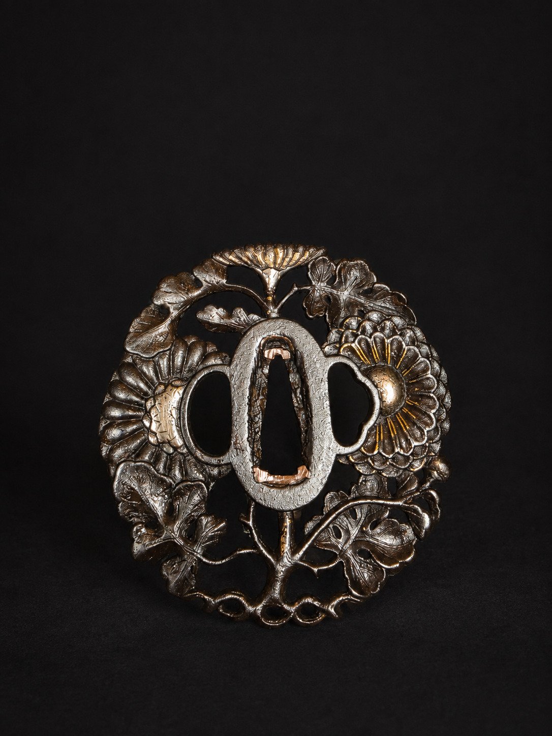 Iron Sukashi Tsuba – Chrysanthemums & Kashiwa Leaves