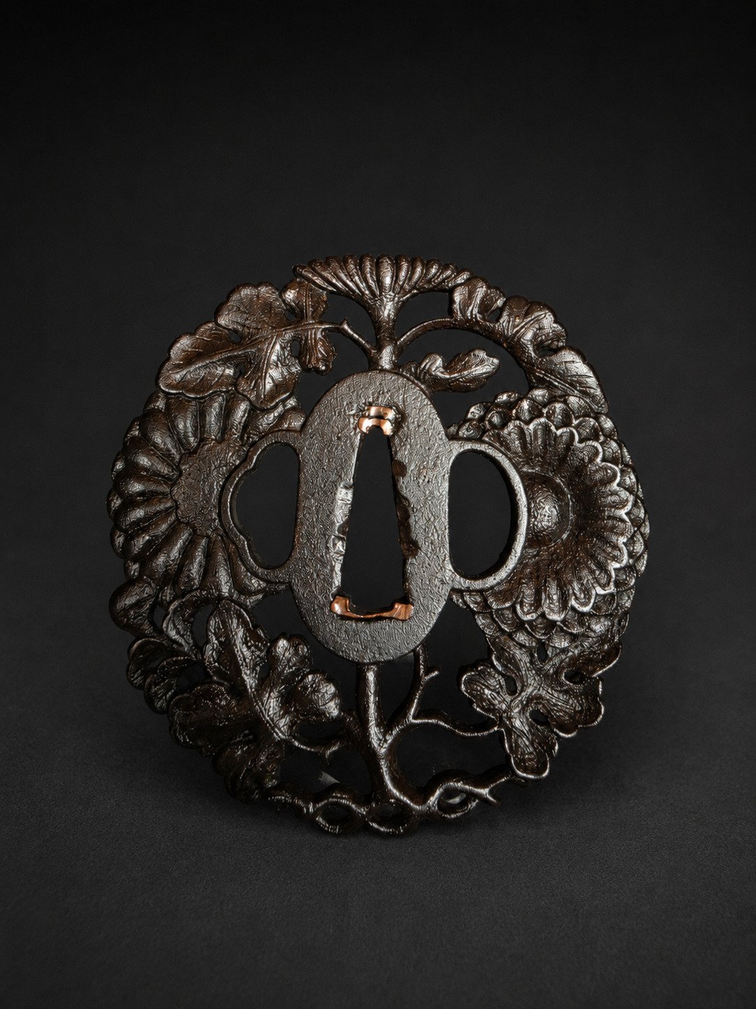 Iron Sukashi Tsuba – Chrysanthemums & Kashiwa Leaves