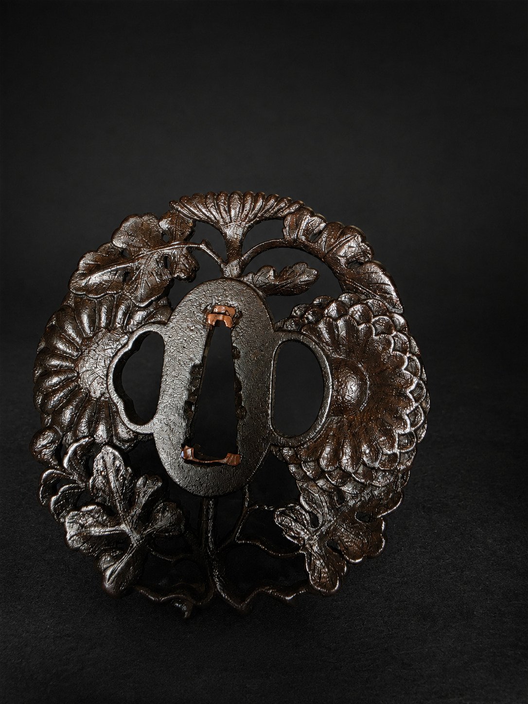 Iron Sukashi Tsuba – Chrysanthemums & Kashiwa Leaves