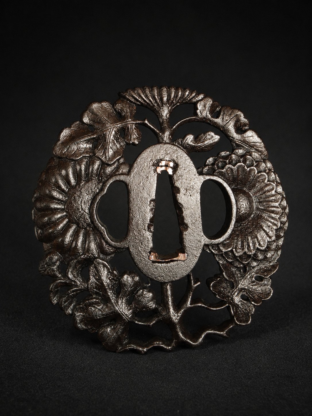 Iron Sukashi Tsuba – Chrysanthemums & Kashiwa Leaves