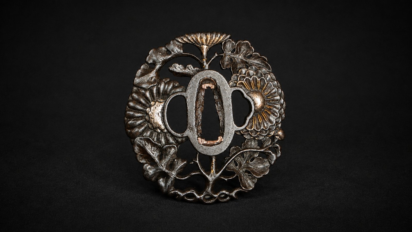 Iron Sukashi Tsuba – Chrysanthemums & Kashiwa Leaves