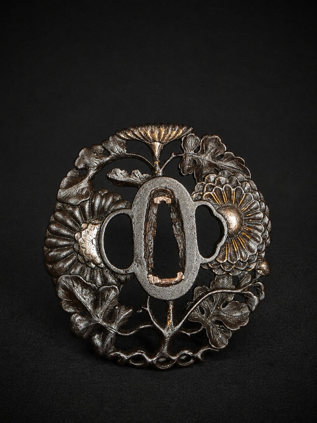 Iron Sukashi Tsuba – Chrysanthemums & Kashiwa Leaves