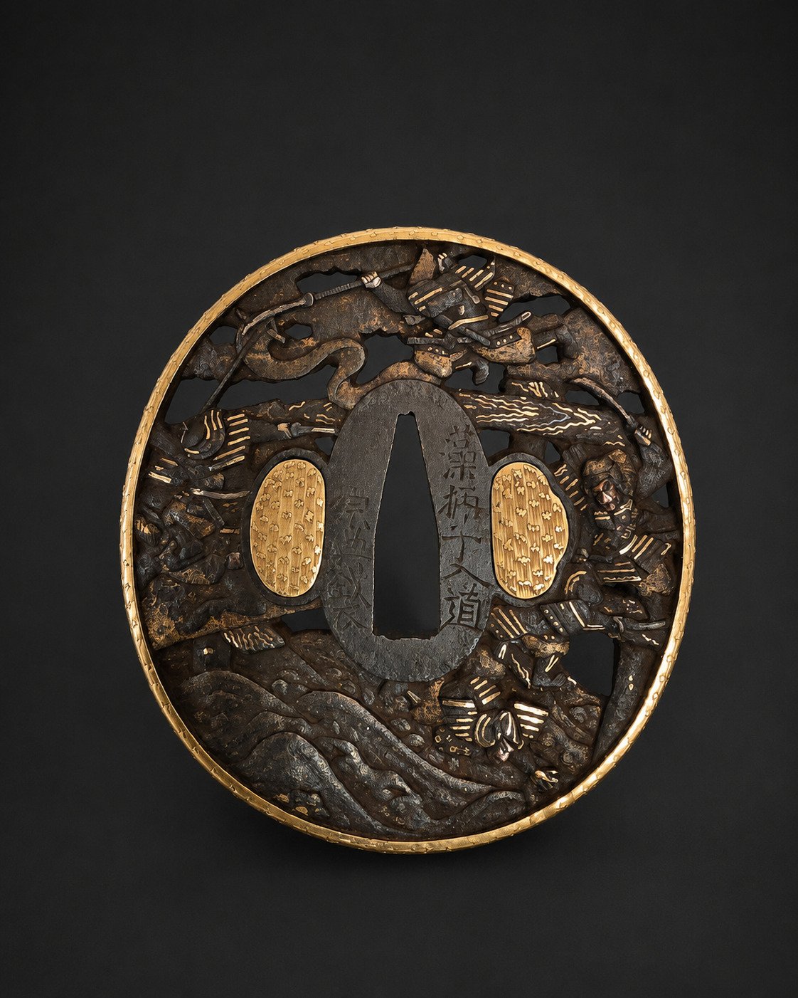 Iron Tsuba by Sōten – Samurai Battle on the Water with Gilt Fukurin