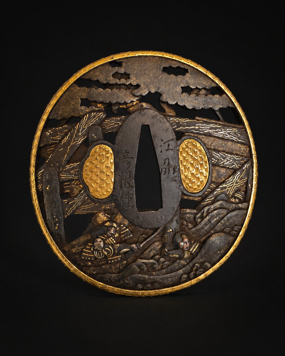 Iron Tsuba by Sōten – Samurai Battle on the Water with Gilt Fukurin