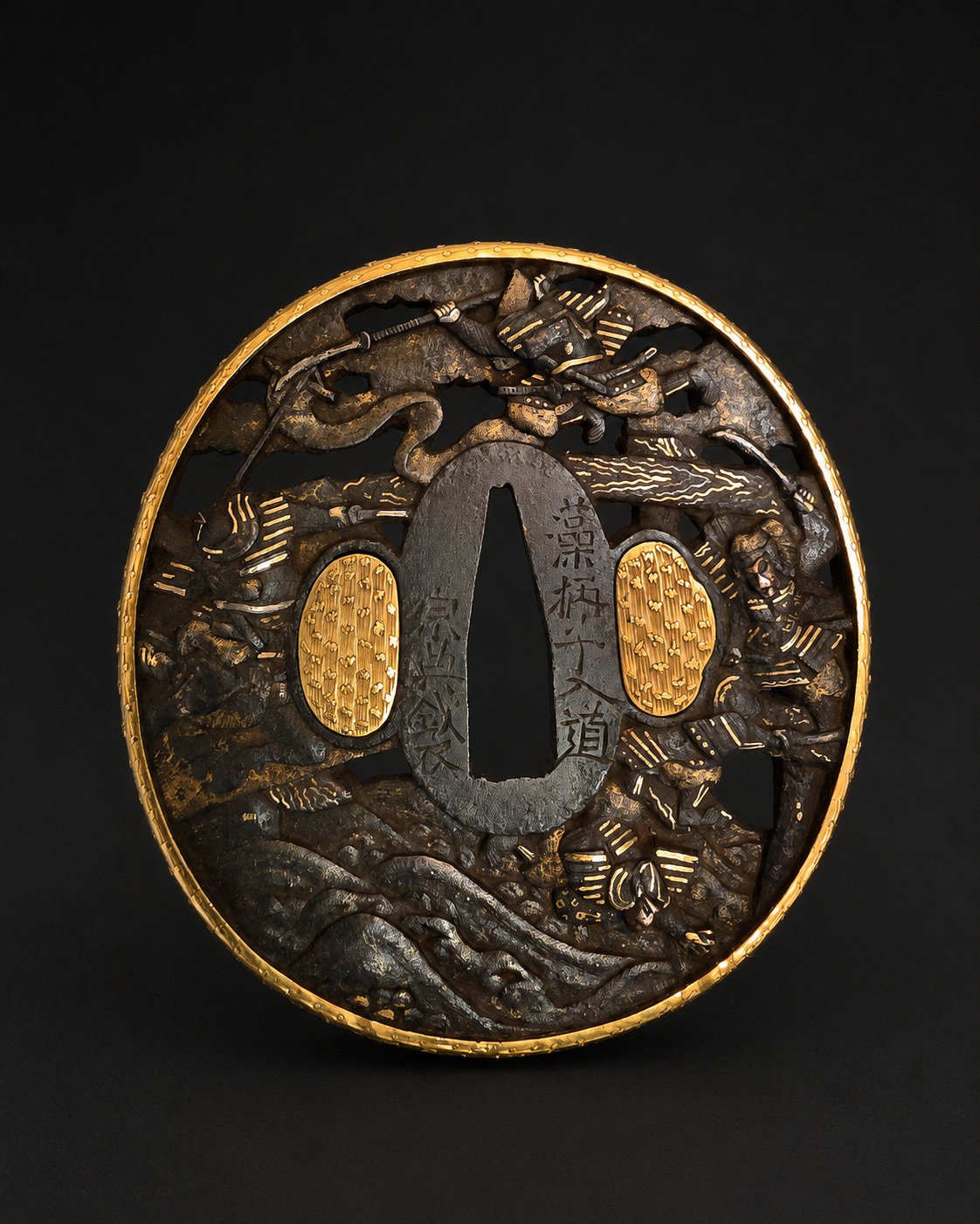 Iron Tsuba by Sōten – Samurai Battle on the Water with Gilt Fukurin