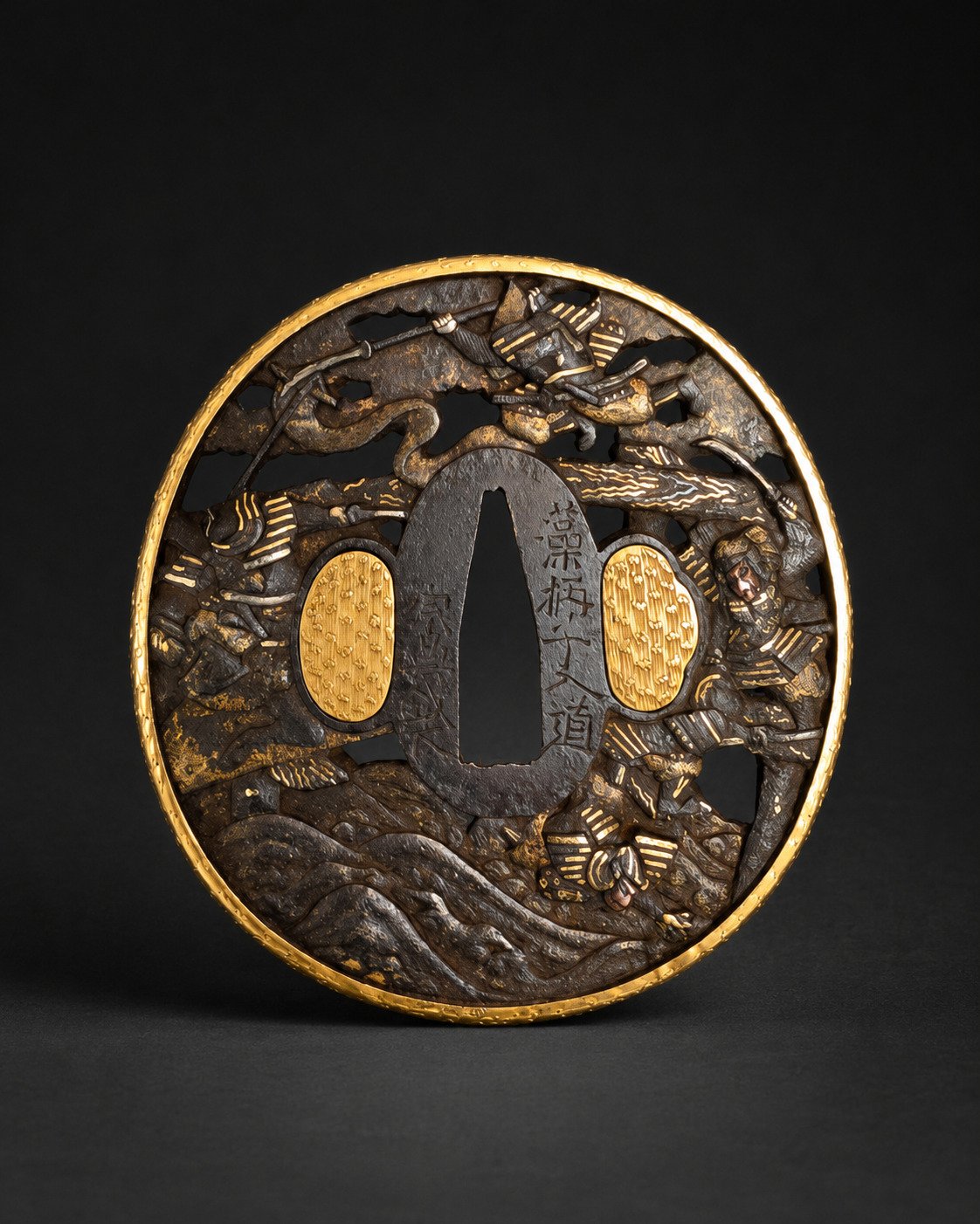 Iron Tsuba by Sōten – Samurai Battle on the Water with Gilt Fukurin