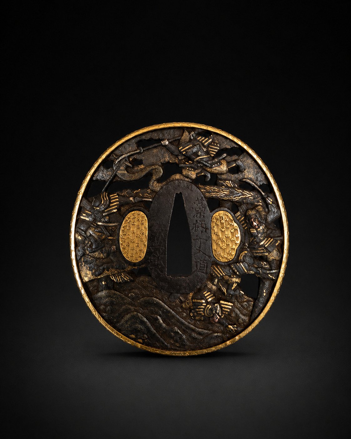 Iron Tsuba by Sōten – Samurai Battle on the Water with Gilt Fukurin