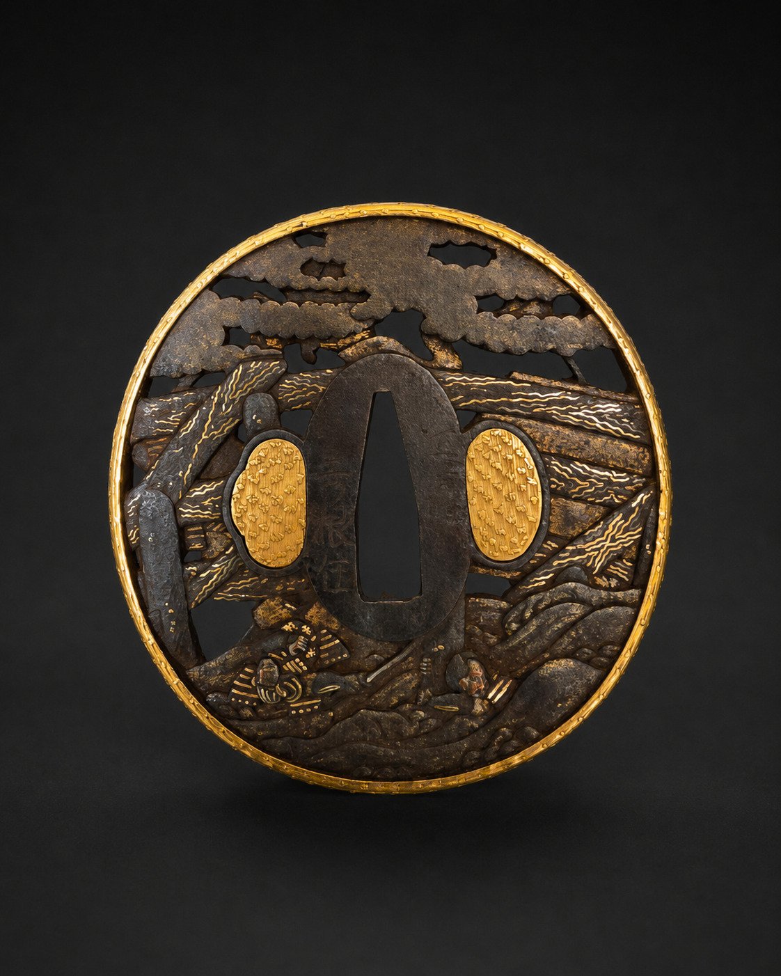 Iron Tsuba by Sōten – Samurai Battle on the Water with Gilt Fukurin