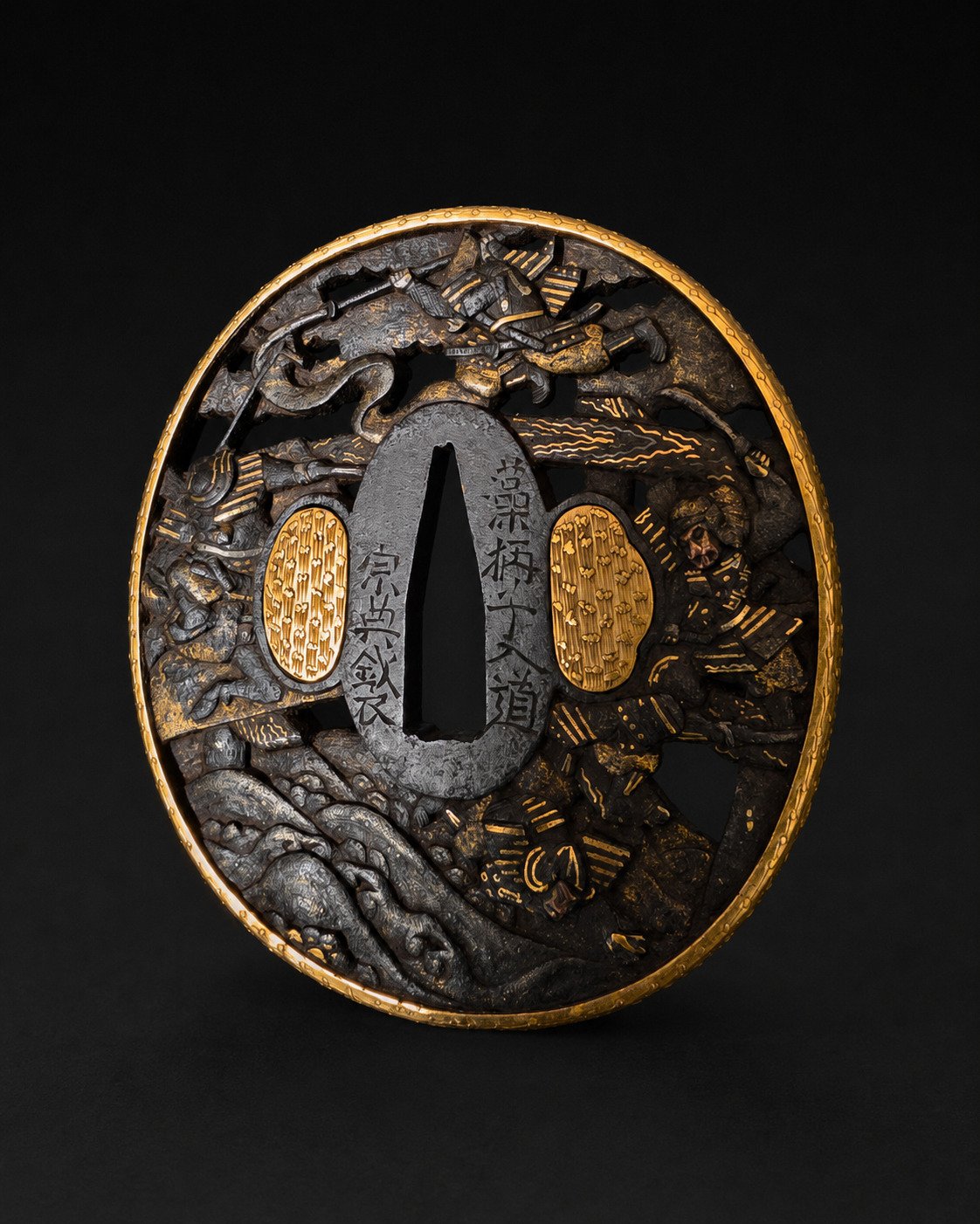 Iron Tsuba by Sōten – Samurai Battle on the Water with Gilt Fukurin