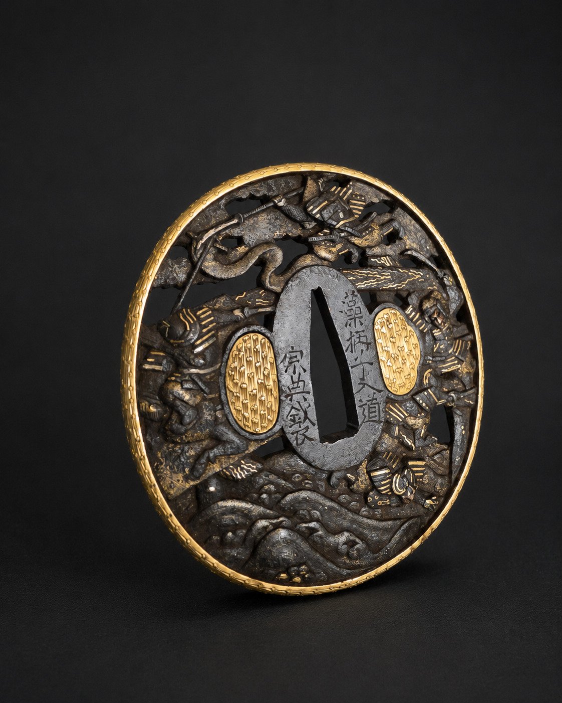 Iron Tsuba by Sōten – Samurai Battle on the Water with Gilt Fukurin