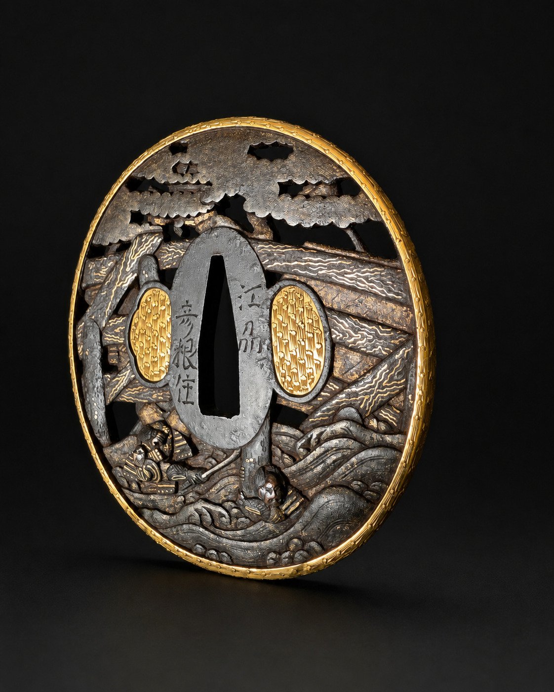 Iron Tsuba by Sōten – Samurai Battle on the Water with Gilt Fukurin