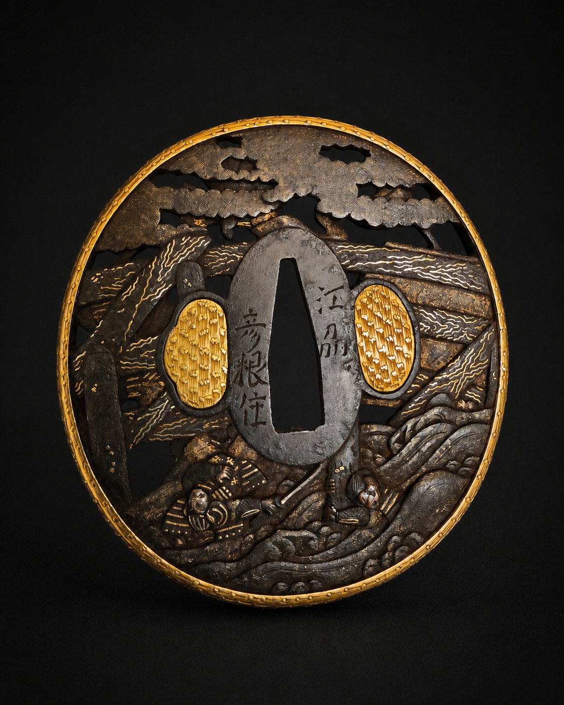 Iron Tsuba by Sōten – Samurai Battle on the Water with Gilt Fukurin