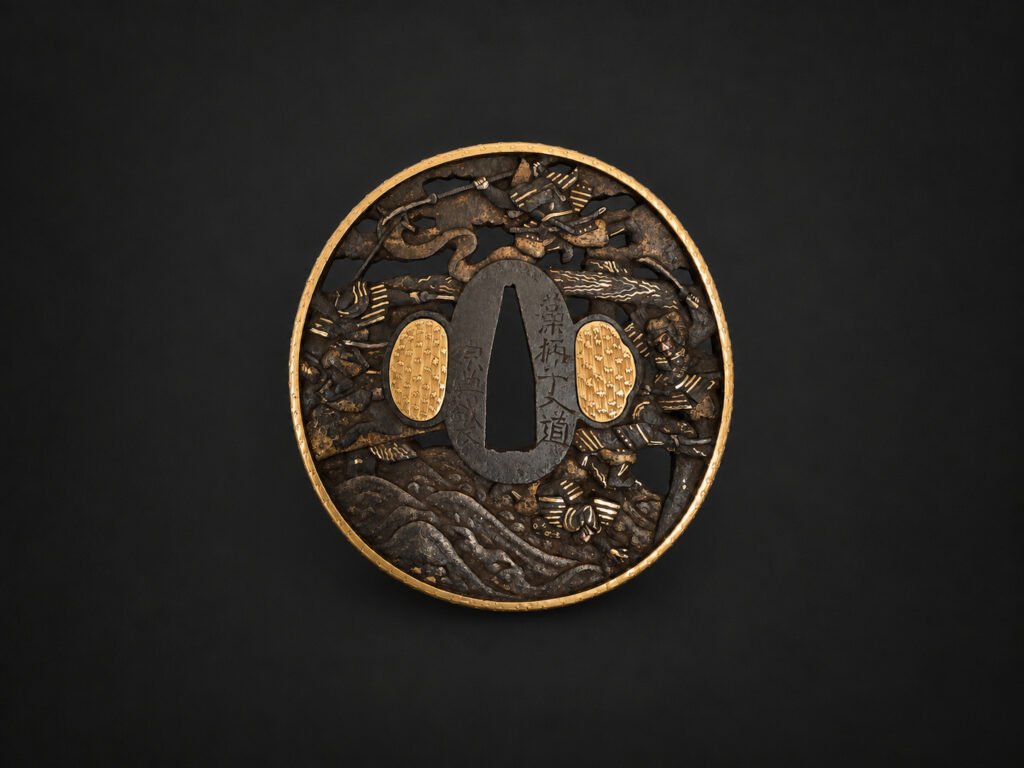 Iron Tsuba by Sōten – Samurai Battle on the Water with Gilt Fukurin