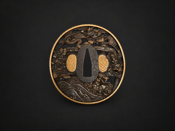 Tsuba de hierro de Sōten – Batalla de samuráis sobre el agua con Fukurin dorado