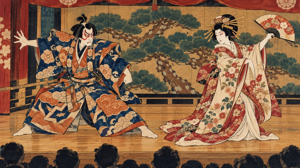 Ukiyo-e-inspired illustration of two kabuki actors performing on stage in elaborate traditional costumes.