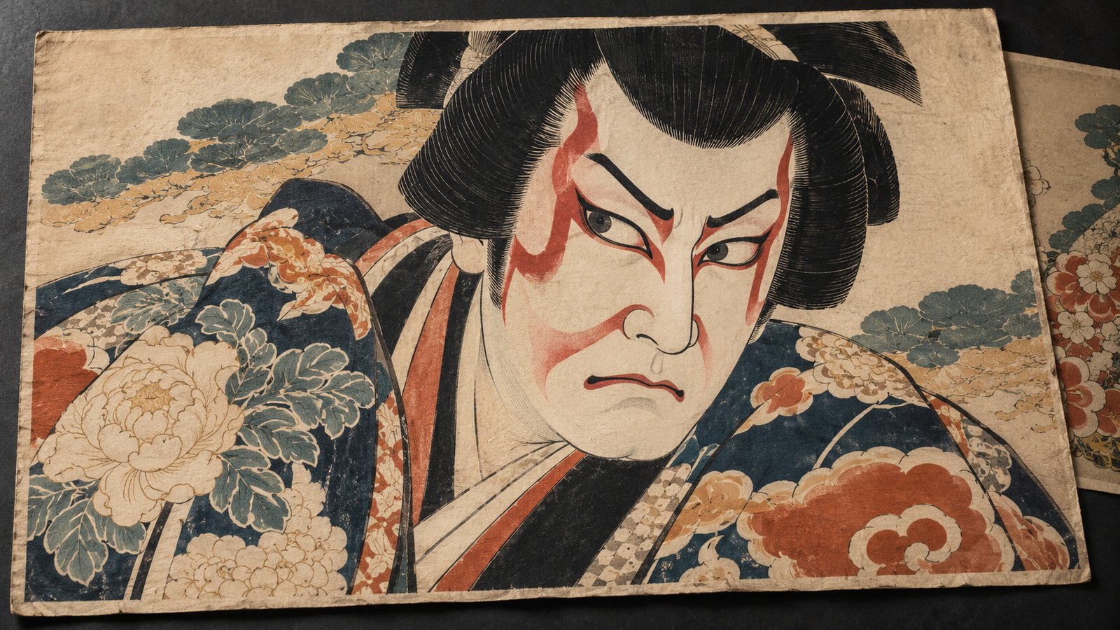 Ukiyo-e-inspired illustration of a kabuki actor with red kumadori makeup and a patterned kimono.