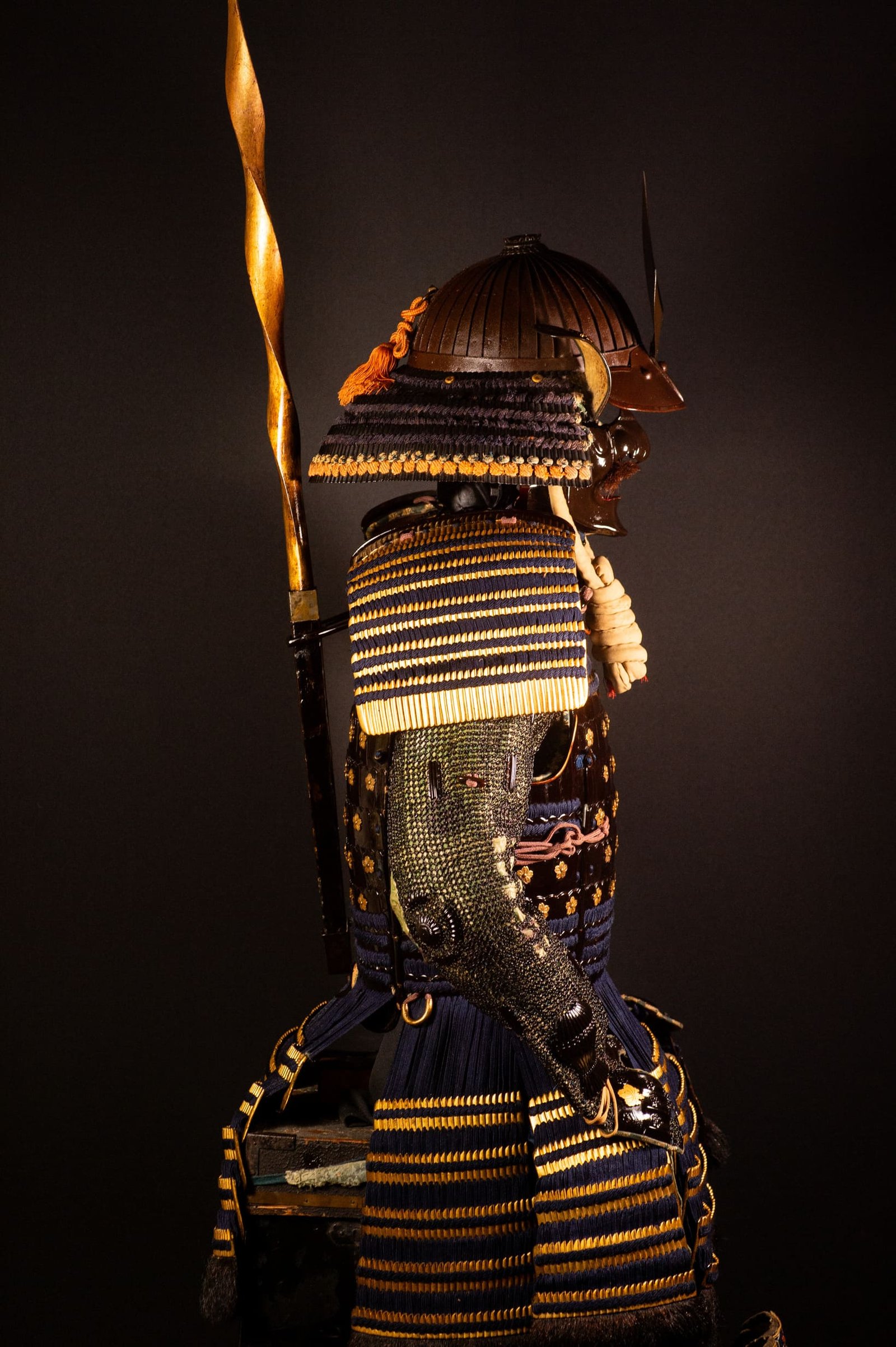 Edo-period Japanese samurai armor with crescent-moon maedate, Tokugawa mitsuba-aoi crests and indigo lacing