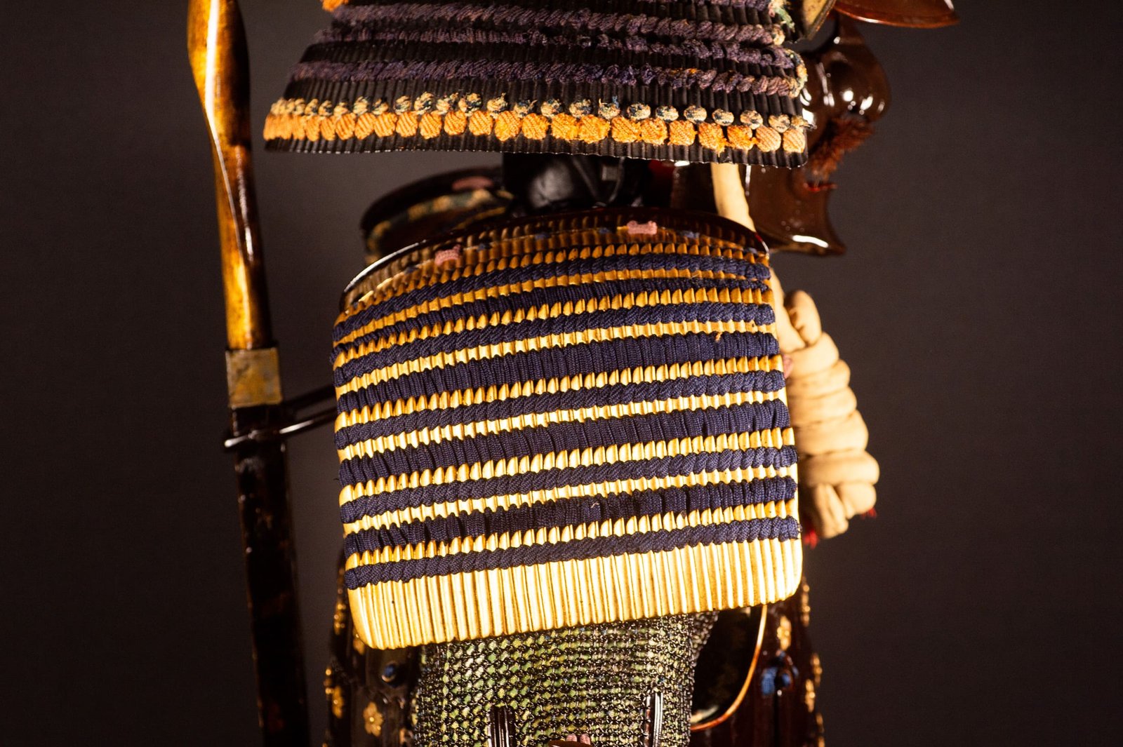 Edo-period Japanese samurai armor with crescent-moon maedate, Tokugawa mitsuba-aoi crests and indigo lacing