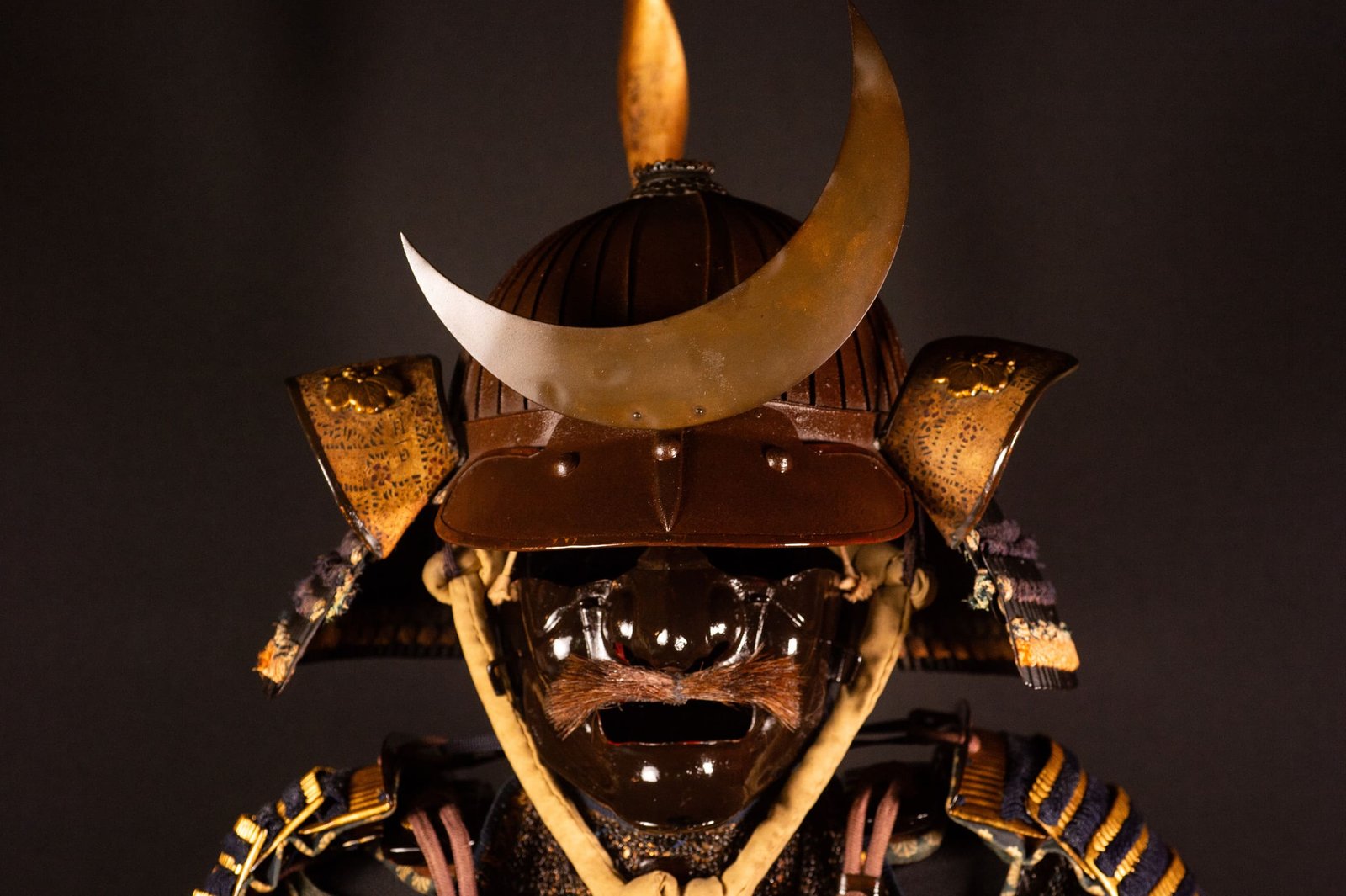 Edo-period Japanese samurai armor with crescent-moon maedate, Tokugawa mitsuba-aoi crests and indigo lacing