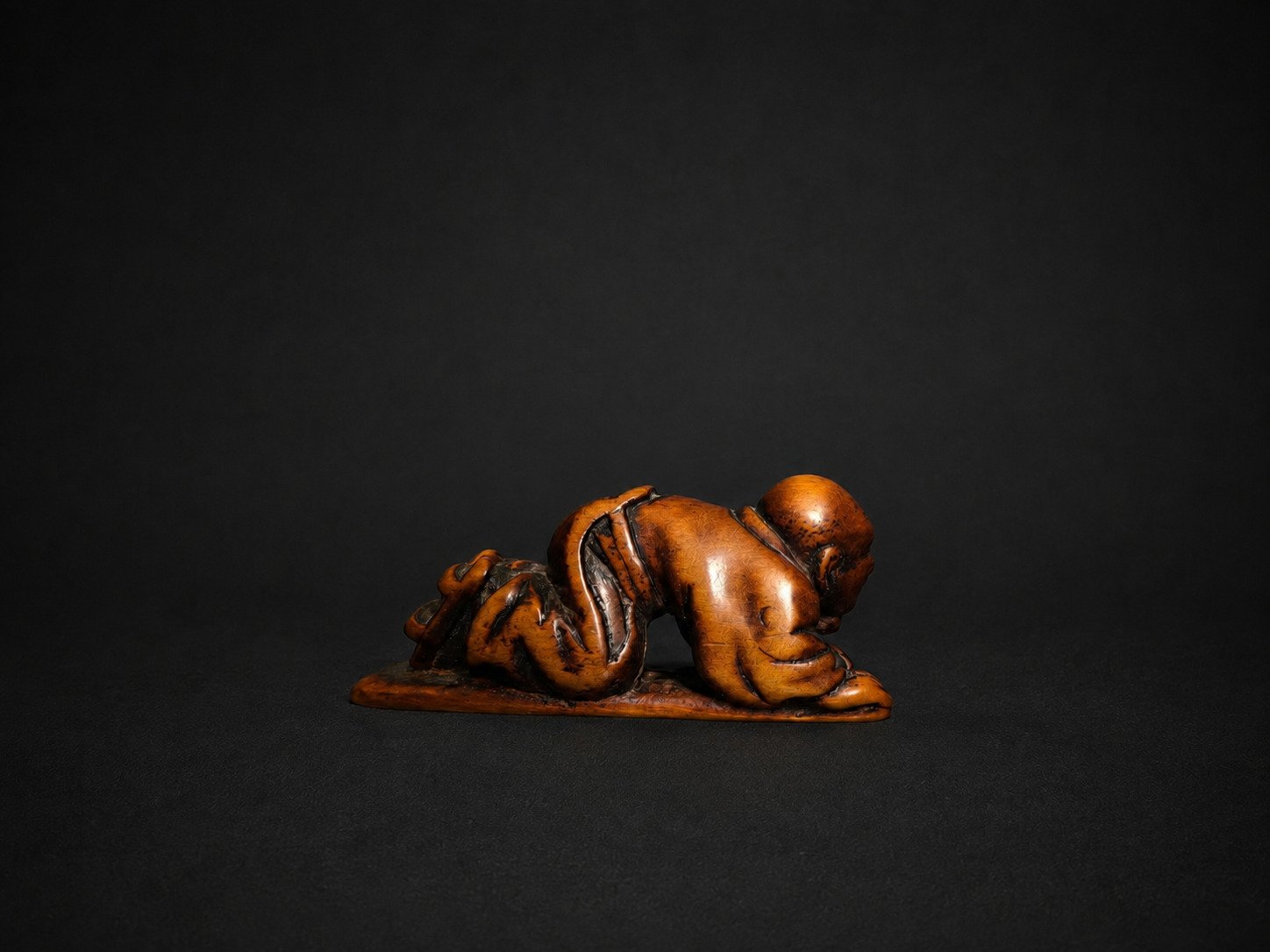 Signed Japanese Wood Netsuke – Crouching Figure