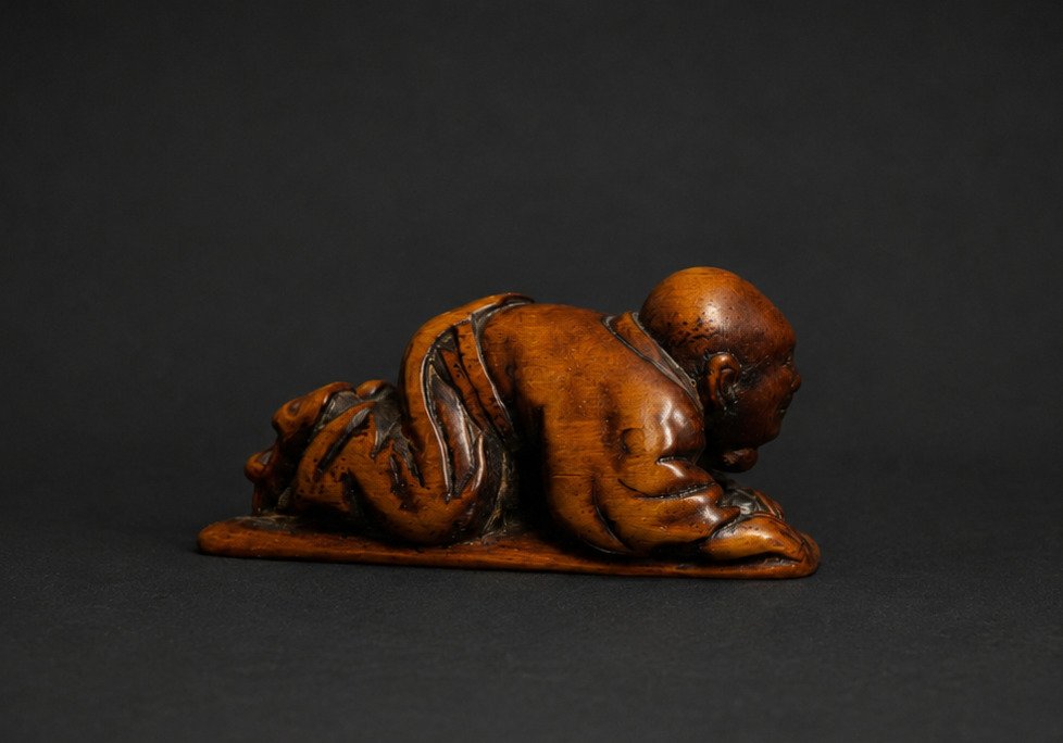 Signed Japanese Wood Netsuke – Crouching Figure