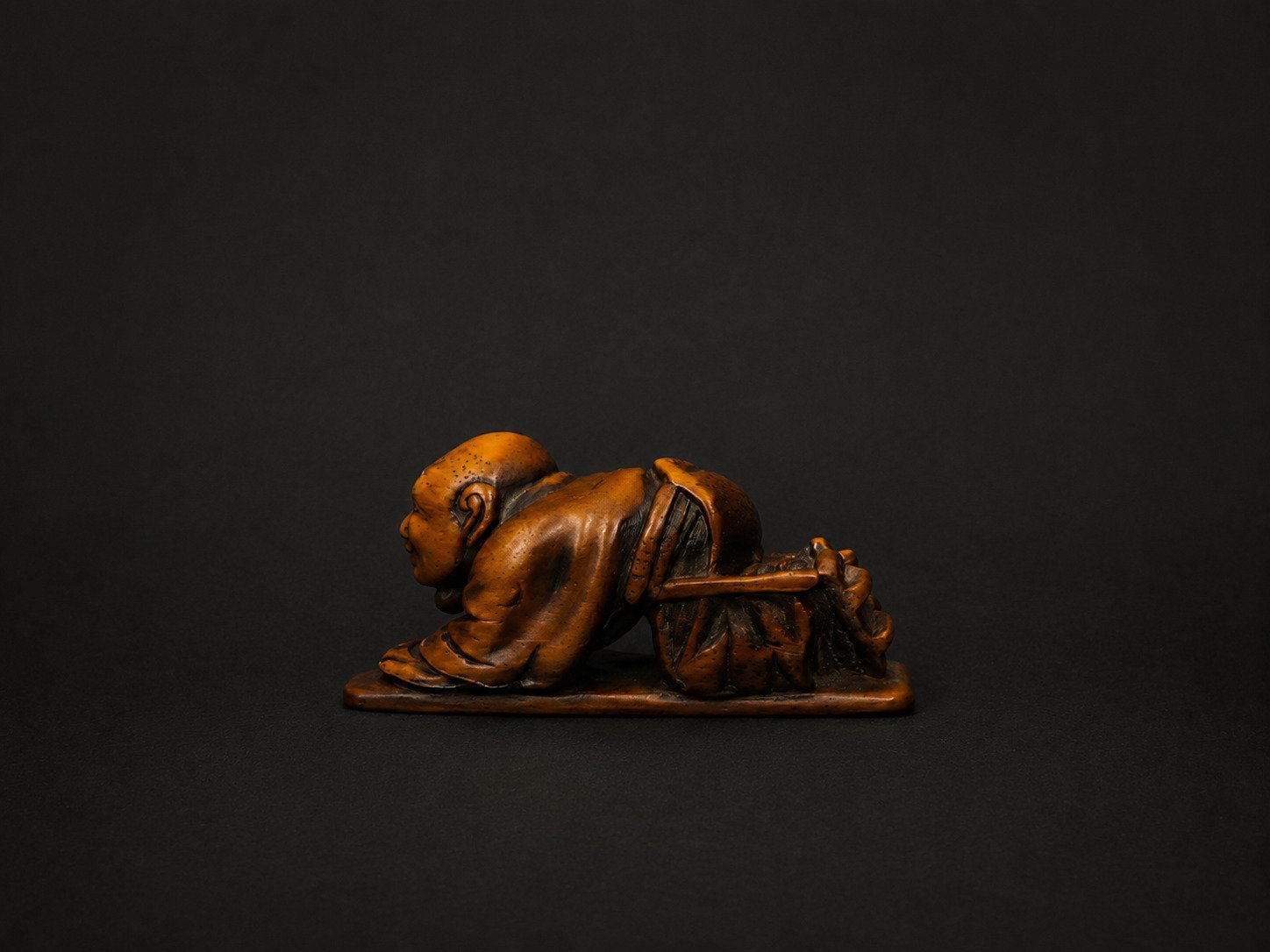 Signed Japanese Wood Netsuke – Crouching Figure