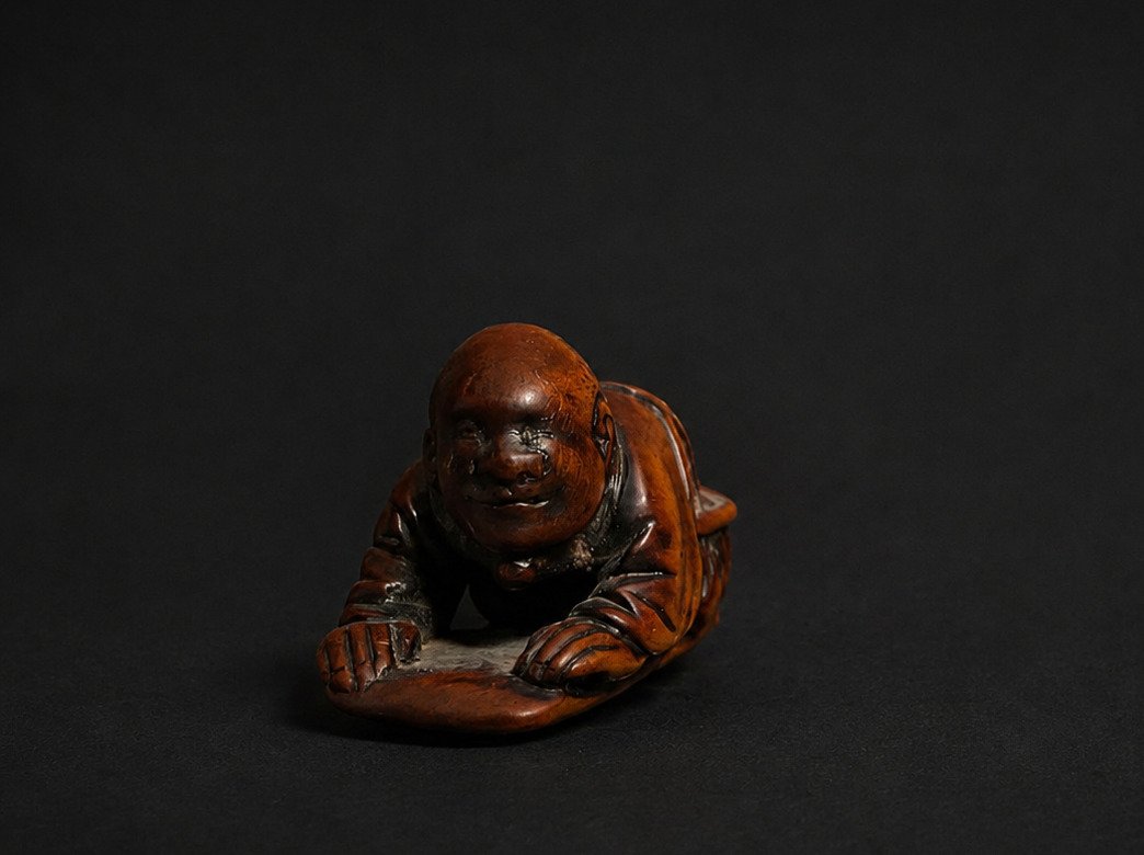 Signed Japanese Wood Netsuke – Crouching Figure