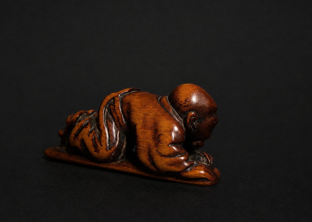 Signed Japanese Wood Netsuke – Crouching Figure