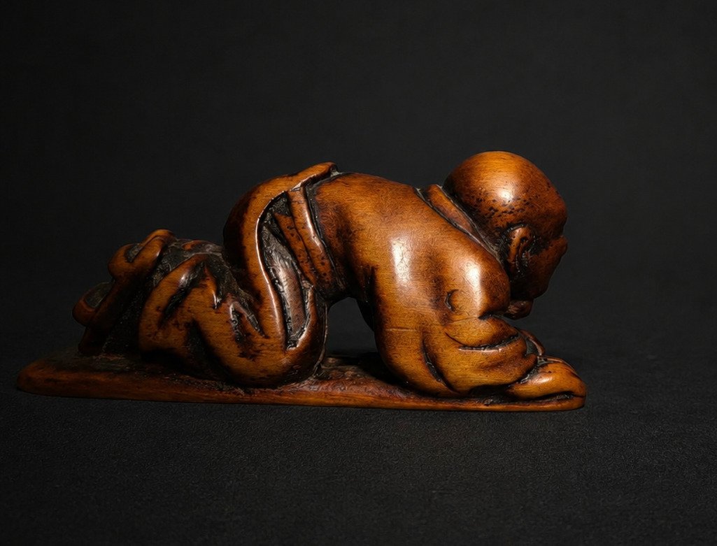 Signed Japanese Wood Netsuke – Crouching Figure