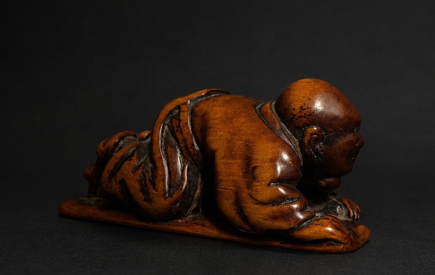 Signed Japanese Wood Netsuke – Crouching Figure
