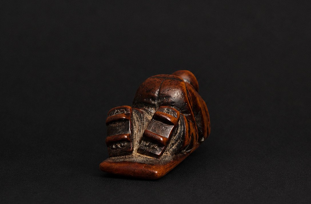 Signed Japanese Wood Netsuke – Crouching Figure