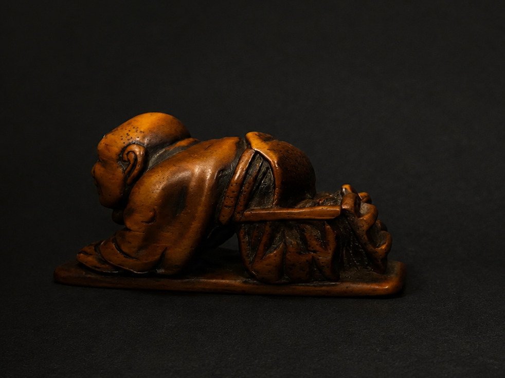 Signed Japanese Wood Netsuke – Crouching Figure