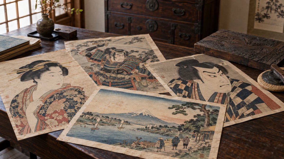 Antique Japanese ukiyo-e woodblock prints depicting a woman, samurai, kabuki actor and Mount Fuji landscape