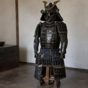 Antique Japanese samurai armor with aged black urushi lacquer