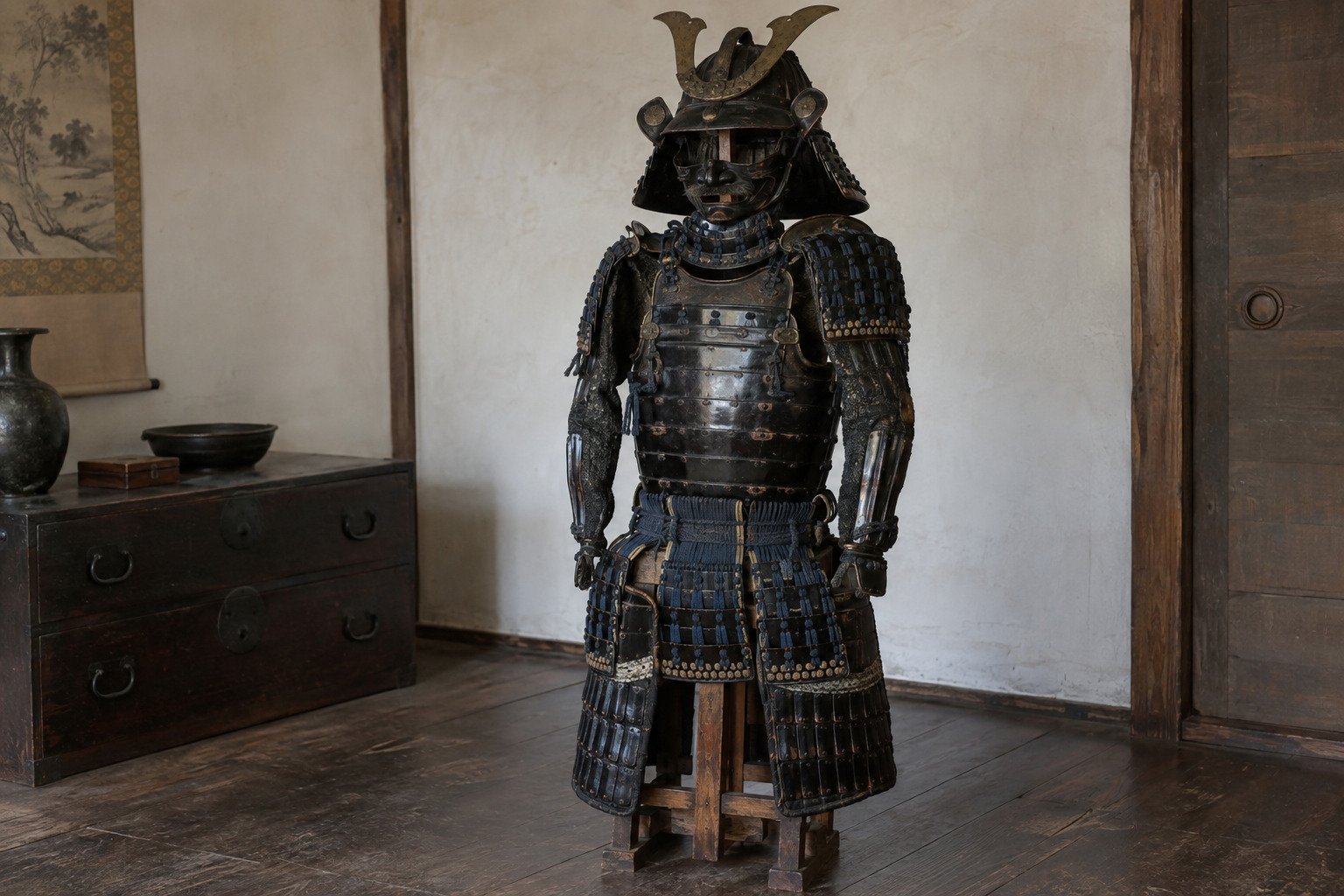 Antique Japanese samurai armor with aged black urushi lacquer